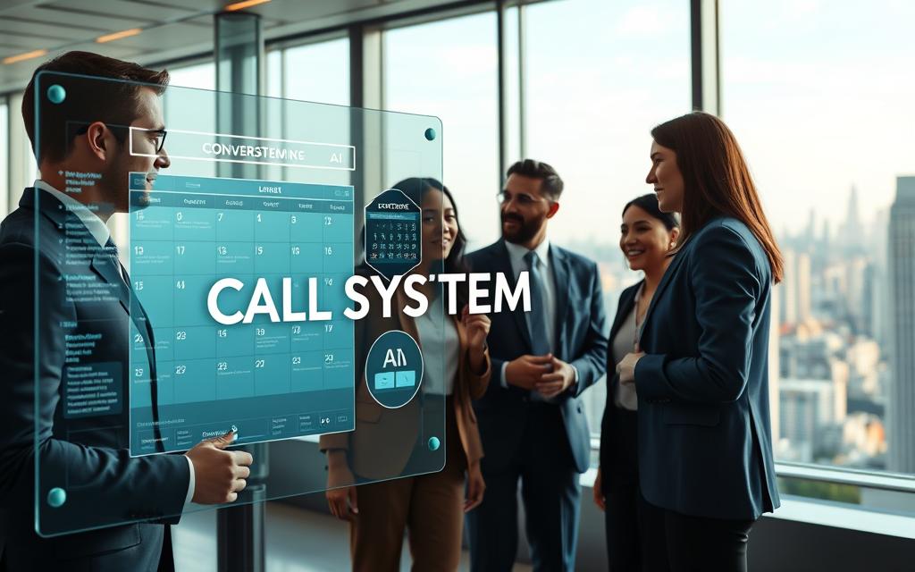 A futuristic office setting showcasing "Conversational Intelligence in Scheduling." In the foreground, depict a sleek, modern AI interface on a transparent touchscreen displaying scheduling algorithms and interactive calendar features. The middle layer features a diverse group of three professionals in business attire engaged in a discussion, with expressions of intrigue and collaboration as they review AI-generated scheduling recommendations. The background includes a large window revealing a bustling cityscape under soft, natural lighting, conveying a productive atmosphere. Soft shadows and warm tones create an inviting mood. Prominently integrate the brand name "CALL SYSTEM AI" within the AI interface. Use a wide-angle lens for a dynamic perspective. A futuristic office setting showcasing "Conversational Intelligence in Scheduling." In the foreground, depict a sleek, modern AI interface on a transparent touchscreen displaying scheduling algorithms and interactive calendar features. The middle layer features a diverse group of three professionals in business attire engaged in a discussion, with expressions of intrigue and collaboration as they review AI-generated scheduling recommendations. The background includes a large window revealing a bustling cityscape under soft, natural lighting, conveying a productive atmosphere. Soft shadows and warm tones create an inviting mood. Prominently integrate the brand name "CALL SYSTEM AI" within the AI interface. Use a wide-angle lens for a dynamic perspective.