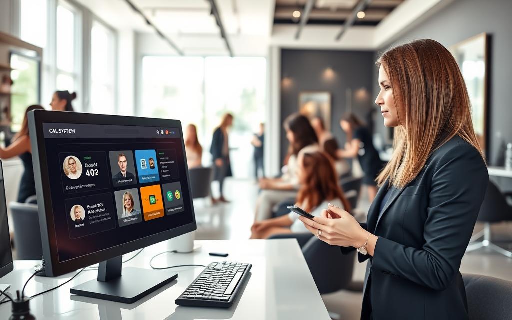 A modern hair salon environment featuring a sleek, high-tech workspace. In the foreground, a professional woman in smart business attire is demonstrating the "CALL SYSTEM AI" software on a computer screen, showcasing user-friendly interface elements with colorful graphics and icons. In the middle ground, stylists are engaged with clients, utilizing tablets to manage bookings and appointments seamlessly. The background reveals stylish salon decor with large mirrors and bright, inviting lighting that enhances the atmosphere. Soft natural light filters in through large windows, creating a warm, productive ambiance. The composition emphasizes collaboration and innovation in salon management, capturing the essence of implementing AI booking software. A modern hair salon environment featuring a sleek, high-tech workspace. In the foreground, a professional woman in smart business attire is demonstrating the "CALL SYSTEM AI" software on a computer screen, showcasing user-friendly interface elements with colorful graphics and icons. In the middle ground, stylists are engaged with clients, utilizing tablets to manage bookings and appointments seamlessly. The background reveals stylish salon decor with large mirrors and bright, inviting lighting that enhances the atmosphere. Soft natural light filters in through large windows, creating a warm, productive ambiance. The composition emphasizes collaboration and innovation in salon management, capturing the essence of implementing AI booking software.