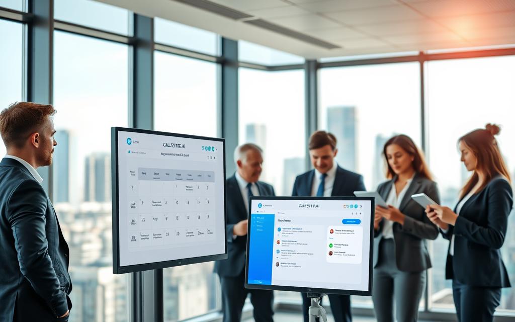 A sleek, modern office environment in bright, natural lighting. Foreground features a professional-looking AI appointment booking bot interface displayed on a high-resolution monitor, showcasing a user-friendly calendar and scheduling options, branded with "CALL SYSTEM AI". In the middle ground, a diverse group of business professionals in business attire are engaged in a collaborative discussion, examining the bot's features on tablets and laptops. The background includes large windows revealing a city skyline, adding a sense of innovation and progress. The atmosphere conveys a sense of efficiency and professionalism, emphasizing the successful implementation of AI technologies in appointment scheduling. The perspective is slightly angled to highlight the interaction between the team and the technology. A sleek, modern office environment in bright, natural lighting. Foreground features a professional-looking AI appointment booking bot interface displayed on a high-resolution monitor, showcasing a user-friendly calendar and scheduling options, branded with "CALL SYSTEM AI". In the middle ground, a diverse group of business professionals in business attire are engaged in a collaborative discussion, examining the bot's features on tablets and laptops. The background includes large windows revealing a city skyline, adding a sense of innovation and progress. The atmosphere conveys a sense of efficiency and professionalism, emphasizing the successful implementation of AI technologies in appointment scheduling. The perspective is slightly angled to highlight the interaction between the team and the technology.