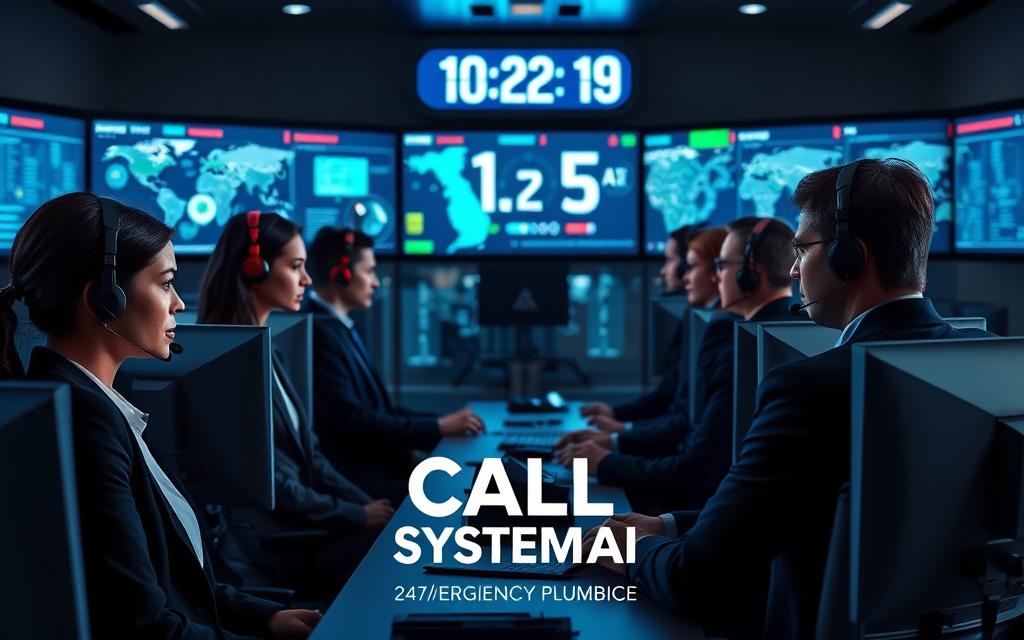 CallSystem AI Virtual Dispatch Control Room High-tech AI dispatch control room for 24/7 plumbing emergency response