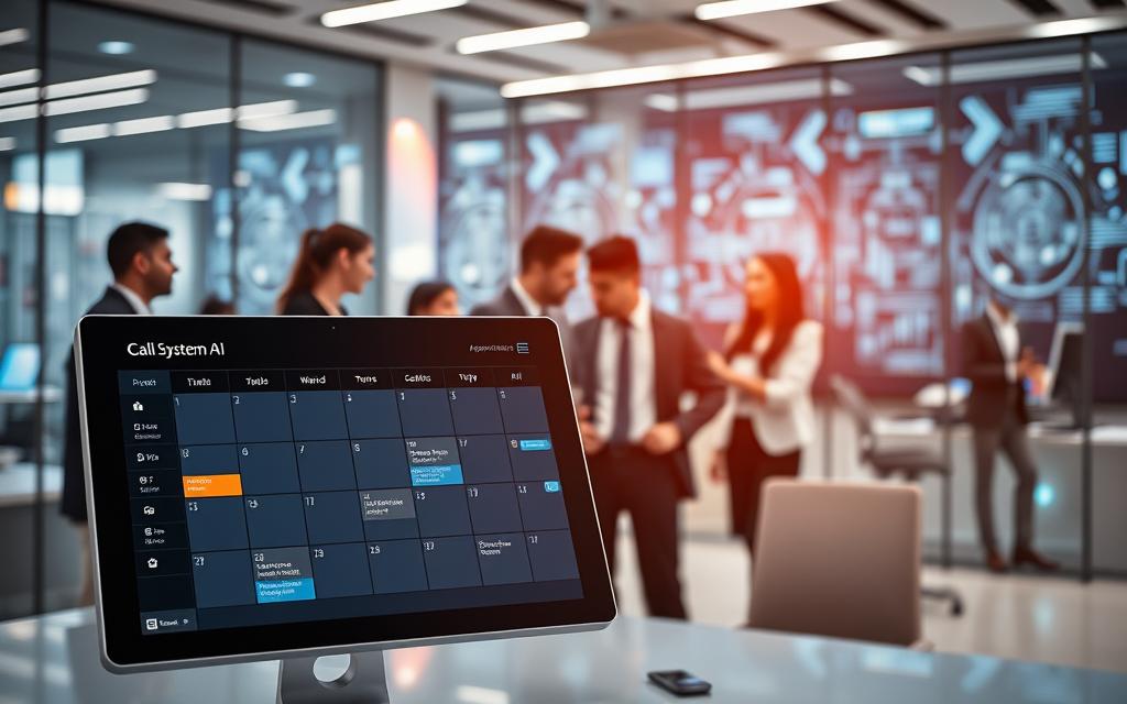 A visually engaging scene depicting the challenges of AI appointment scheduling in a modern office setting. In the foreground, a sleek digital screen with an interface showing a scheduling calendar with highlighted dates and alerts from the "CALL SYSTEM AI" logo prominently displayed. In the middle ground, a diverse group of professionals in business attire are discussing and navigating around the screen, looking concerned and engaged in problem-solving. The background features a high-tech office environment with smart devices and complex data visualizations on glass walls. Use bright, ambient lighting to create a futuristic atmosphere, with a slightly blurred depth of field to emphasize the urgency and collaboration in overcoming scheduling hurdles. The mood is focused and innovative, reflecting the complexities of AI-driven appointment systems. A visually engaging scene depicting the challenges of AI appointment scheduling in a modern office setting. In the foreground, a sleek digital screen with an interface showing a scheduling calendar with highlighted dates and alerts from the "CALL SYSTEM AI" logo prominently displayed. In the middle ground, a diverse group of professionals in business attire are discussing and navigating around the screen, looking concerned and engaged in problem-solving. The background features a high-tech office environment with smart devices and complex data visualizations on glass walls. Use bright, ambient lighting to create a futuristic atmosphere, with a slightly blurred depth of field to emphasize the urgency and collaboration in overcoming scheduling hurdles. The mood is focused and innovative, reflecting the complexities of AI-driven appointment systems.