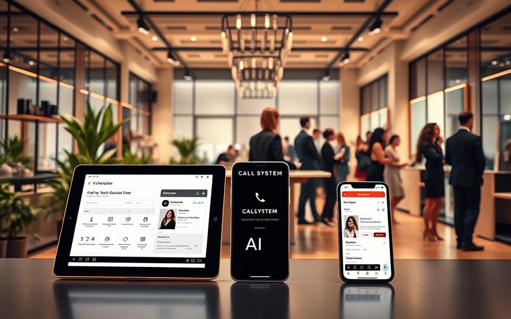A visually striking image depicting a comparison of AI booking software for a hair salon. In the foreground, showcase three sleek, modern devices—tablets and smartphones—displaying different software interfaces: one branded "CALL SYSTEM AI," highlighting user-friendly scheduling features. The middle layer features an elegant salon environment with stylish decor, highlighting a sophisticated reception area filled with lush plants and professional beauty products. In the background, soft lighting creates a welcoming atmosphere, while a diverse group of customers in professional attire interacts harmoniously with salon staff, demonstrating seamless service. A warm color palette enhances the inviting mood, emphasizing innovation and efficiency in salon management. A visually striking image depicting a comparison of AI booking software for a hair salon. In the foreground, showcase three sleek, modern devices—tablets and smartphones—displaying different software interfaces: one branded "CALL SYSTEM AI," highlighting user-friendly scheduling features. The middle layer features an elegant salon environment with stylish decor, highlighting a sophisticated reception area filled with lush plants and professional beauty products. In the background, soft lighting creates a welcoming atmosphere, while a diverse group of customers in professional attire interacts harmoniously with salon staff, demonstrating seamless service. A warm color palette enhances the inviting mood, emphasizing innovation and efficiency in salon management.